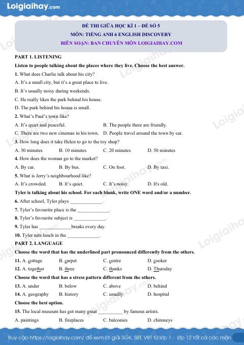Đề thi giữa kì 1 Tiếng Anh 6 English Discovery - Đề số 5